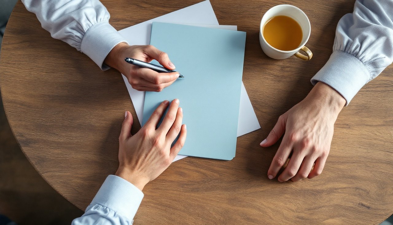 Two adults' hands at a dining table with a closed folder and pen, reviewing an enrolment agreement for 20 Hours ECE