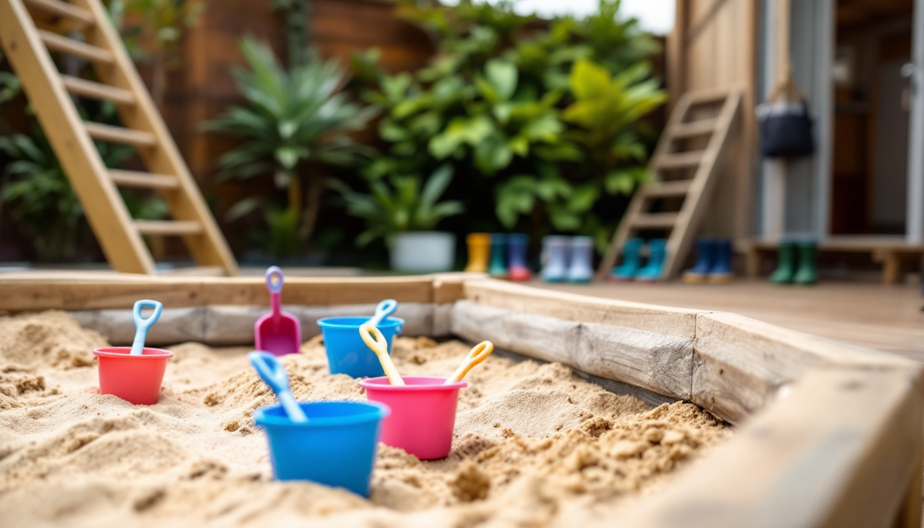 Outdoor kindergarten play area with a sandpit, wooden climbing frame and small gumboots lined up, a typical NZ kindergarten setting