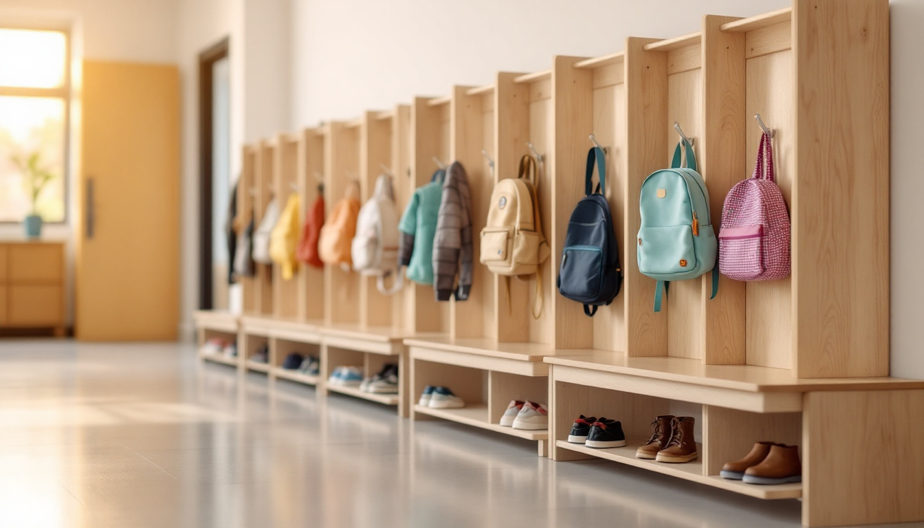 Row of wooden cubbies with small backpacks and jackets in a daycare centre hallway