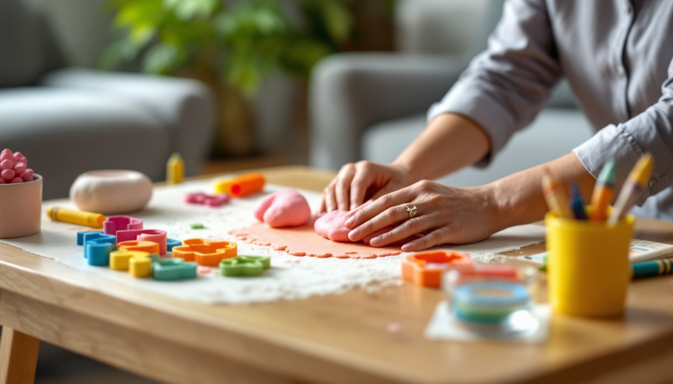 Adult educator's hands shaping playdough at a low table in a home living room, a home-based ECE setting in Auckland