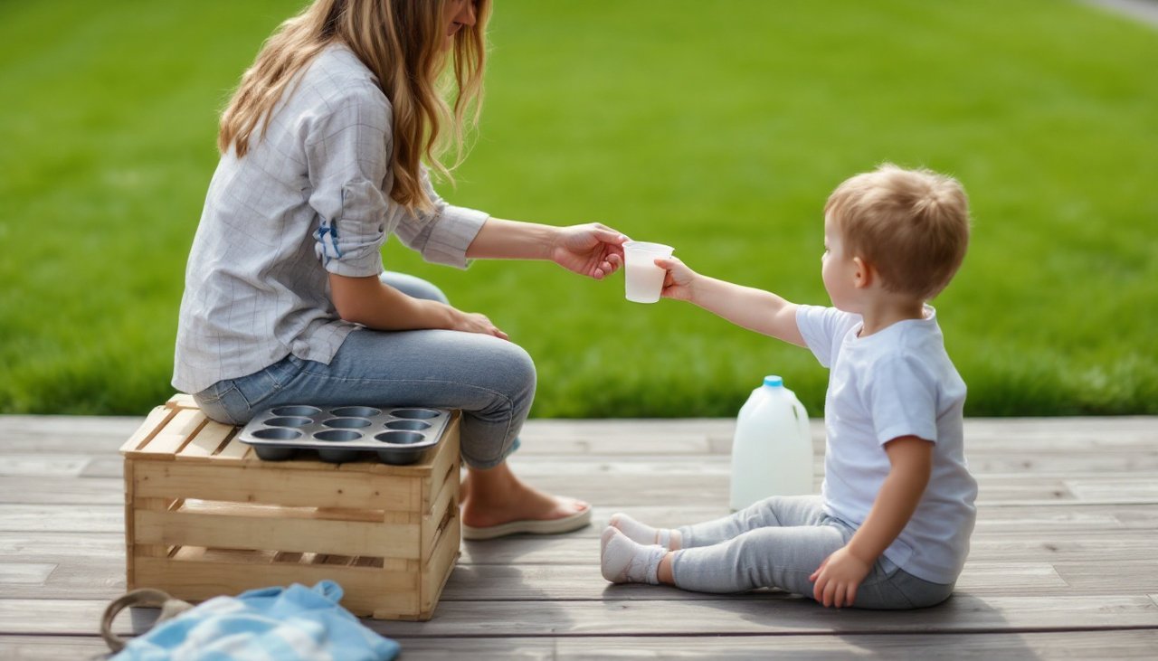 Home-based educator seen from behind passing a small cup during water play, an everyday play based learning moment