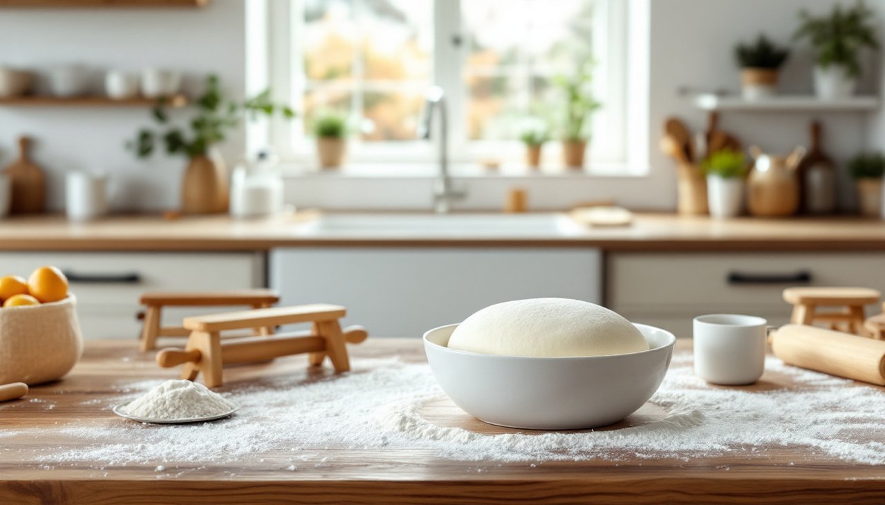 Home kitchen bench with bread dough and four small stools ready for a small group, play based learning in home-based childcare