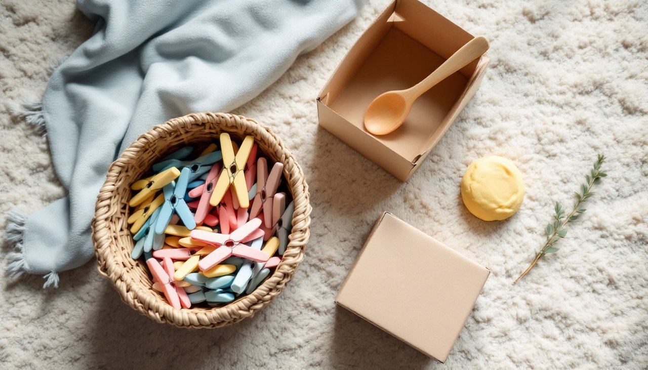 Basket of coloured pegs, cardboard boxes and playdough on a rug, simple materials for play based learning at home