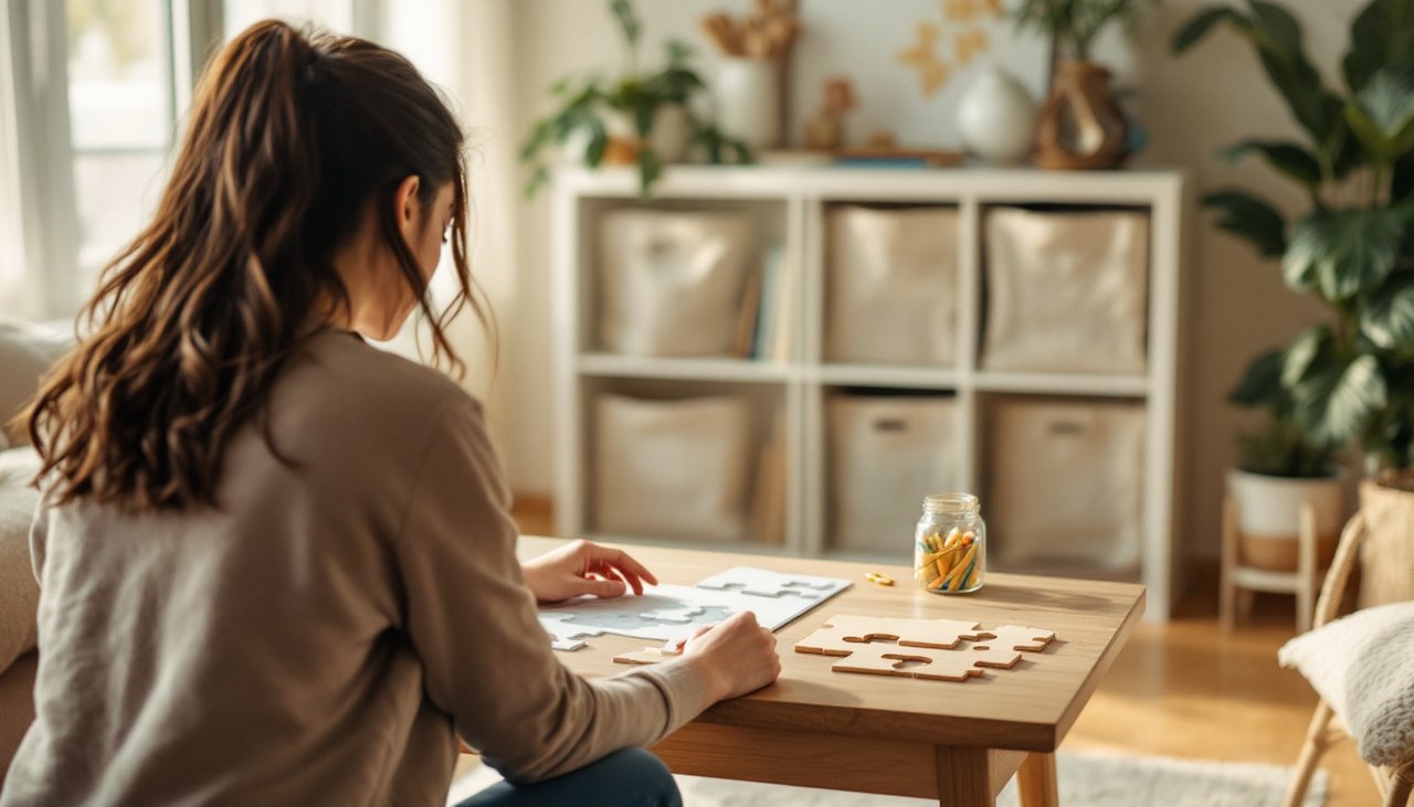 Home-based childcare educator setting out wooden puzzles on a low table in her living room