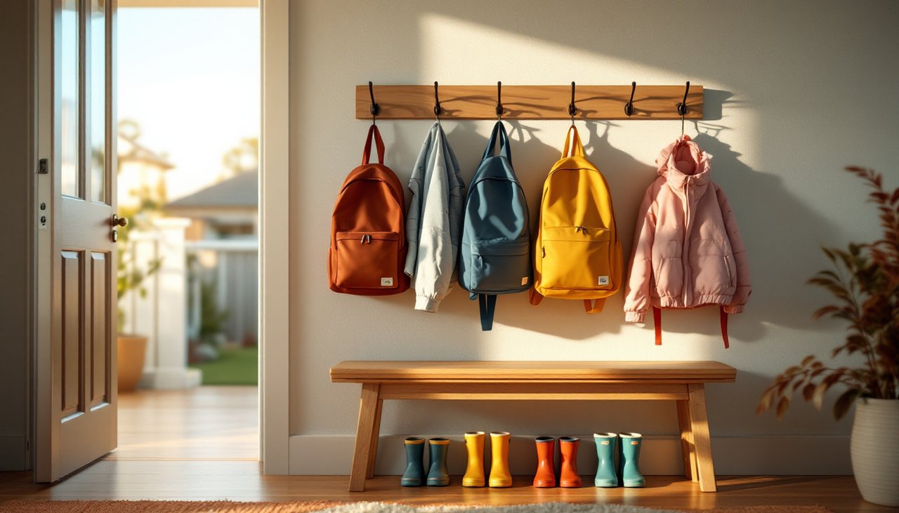Four small backpacks on hooks in the entry of a home-based childcare home in Auckland