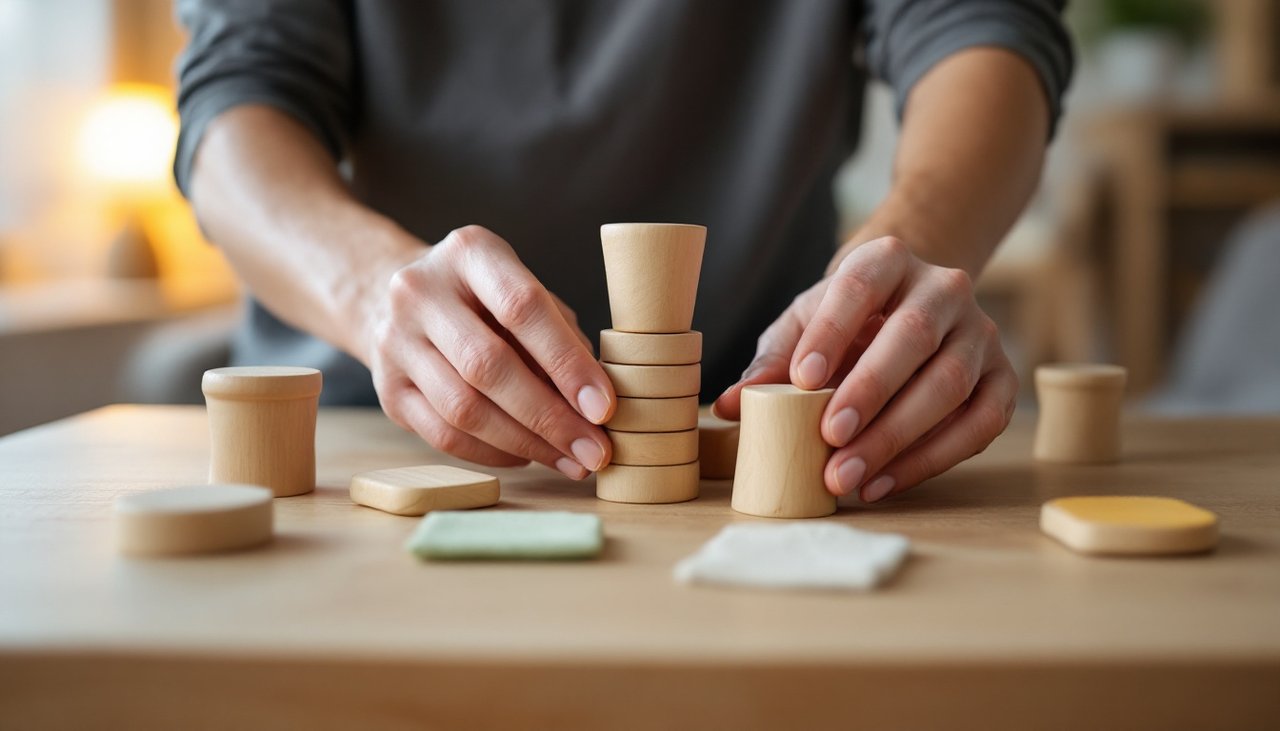 Home-based educator's hands arranging wooden learning materials on a low table, part of what goes into baby daycare cost