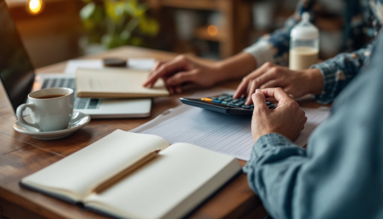 Parent at a kitchen table working through baby daycare cost NZ figures with a calculator and laptop