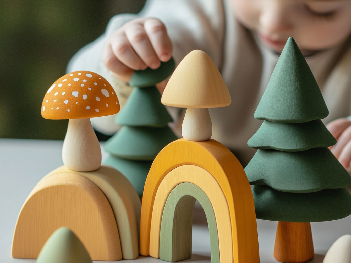 A child playing with wooden toys at Kuddles
