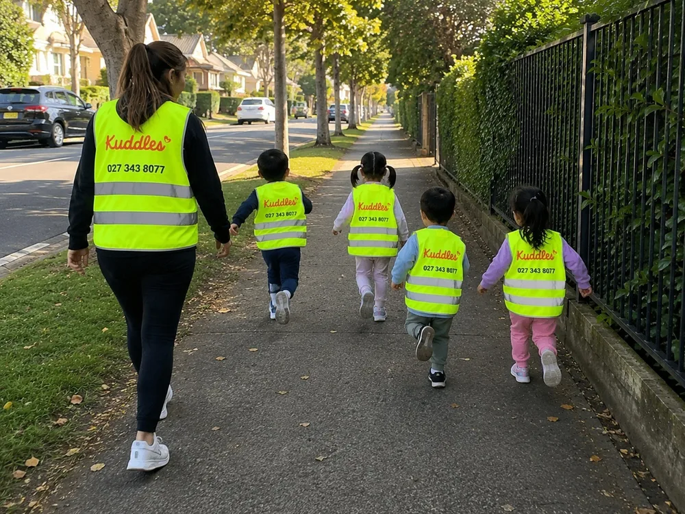 A Kuddles educator walking with five children in hi-vis vests along a footpath